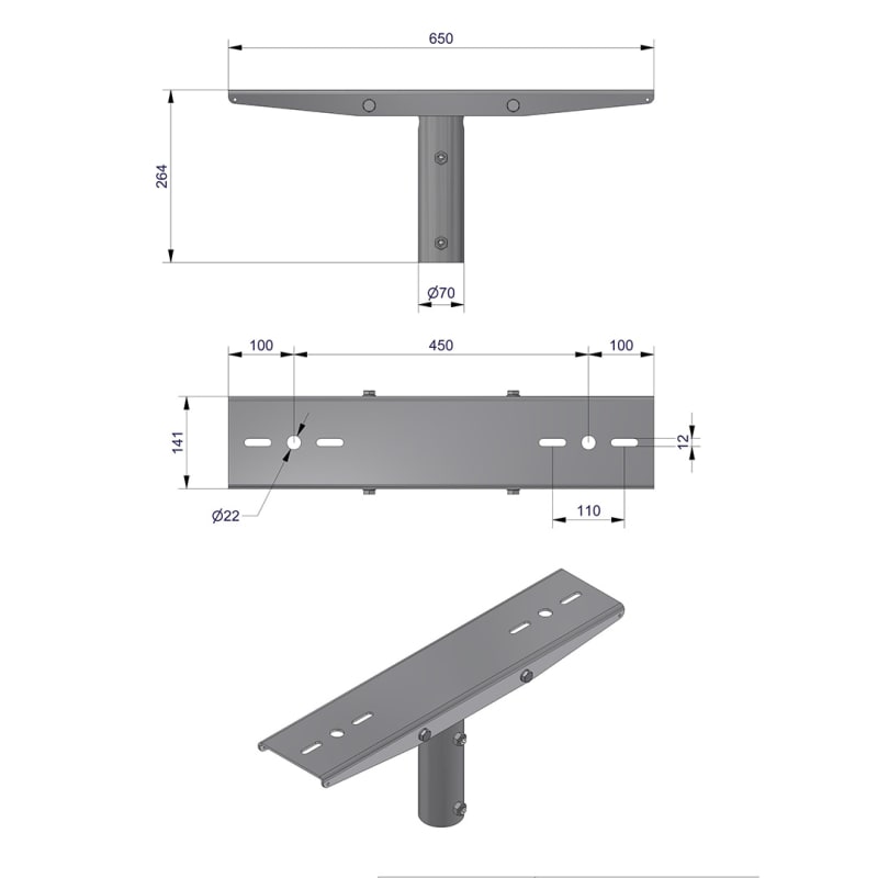 Pole-Top Cross-Arm for Ø60 mm Pole, L 650 mm, 2 Luminaires, Type C (3450105C)