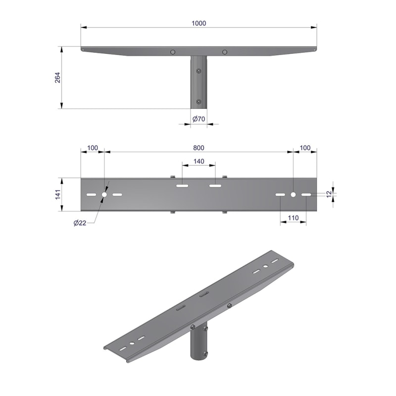 Pole-Top Cross-Arm for Ø60 mm Pole, L 1000 mm, 2–3 Luminaires (3450106)