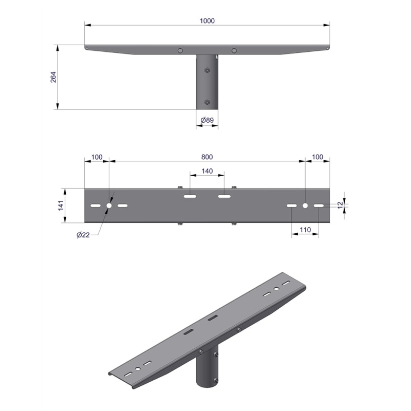 Pole-Top Cross-Arm for Ø76 mm Pole, L 1000 mm, 2–3 Luminaires (3450108)