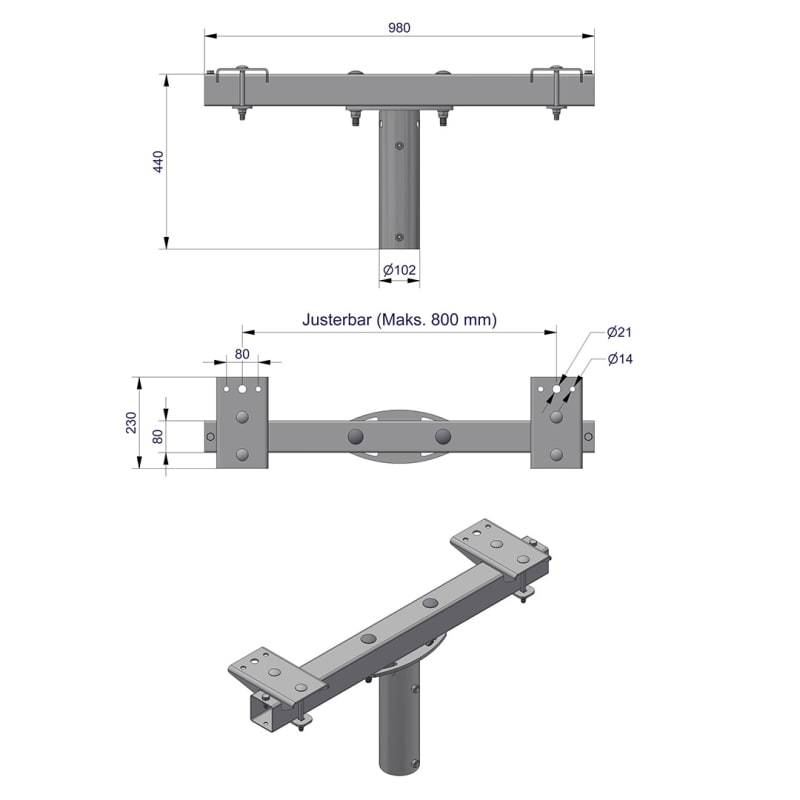 Pole-Top Cross-Arm for Ø89 mm Pole, L 1000 mm, 2 Luminaires (3450109)