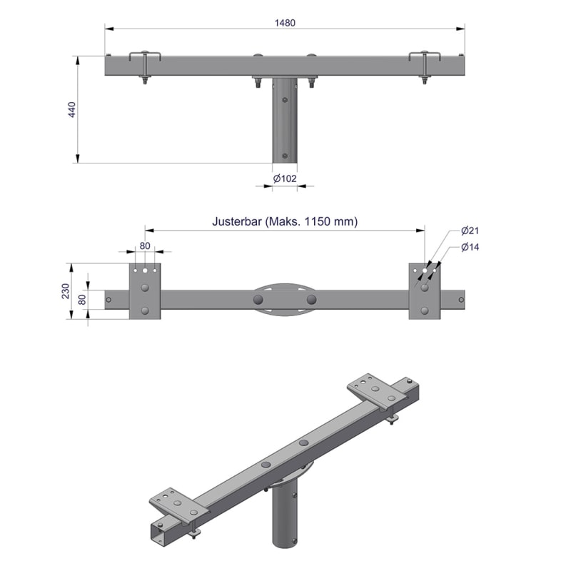 Pole-Top Cross-Arm for Ø89 mm Pole, L 1500 mm, 2 Luminaires (3450110)