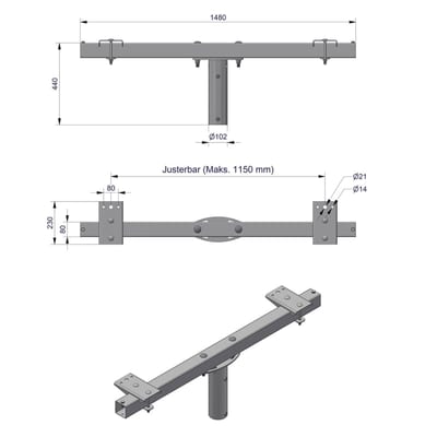 Pole-Top Cross-Arm for Ø89 mm Pole, L 1500 mm, 2 Luminaires