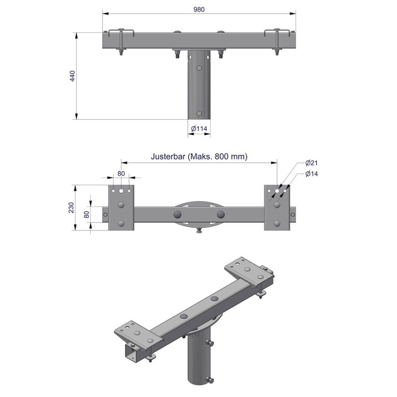 Pole-Top Cross-Arm for Ø102 mm Pole, L 1000 mm, 2 Luminaires (3450111)