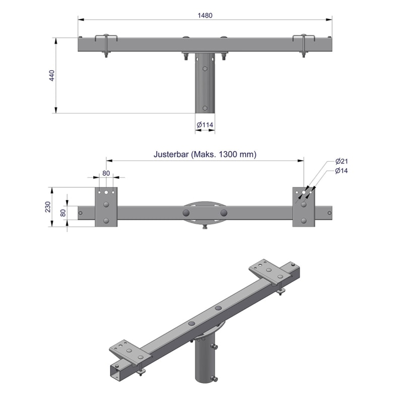 Pole-Top Cross-Arm for Ø102 mm Pole, L 1500 mm, 2 Luminaires (3450112)