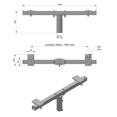 Pole-Top Cross-Arm for Ø102 mm Pole, L 1500 mm, 2 Luminaires
