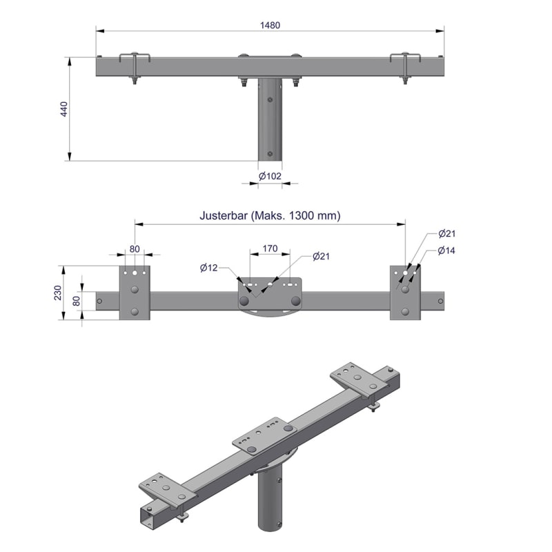Pole-Top Cross-Arm for Ø89 mm Pole, L 1500 mm, 3 Luminaires (3450113)
