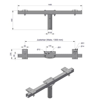 Pole-Top Cross-Arm for Ø89 mm Pole, L 1500 mm, 3 Luminaires