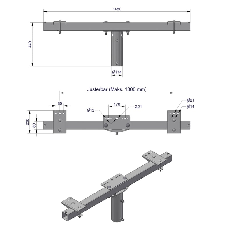 Pole-Top Cross-Arm for Ø102 mm Pole, L 1500 mm, 3 Luminaires (3450114)