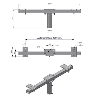Pole-Top Cross-Arm for Ø102 mm Pole, L 1500 mm, 3 Luminaires, Type C