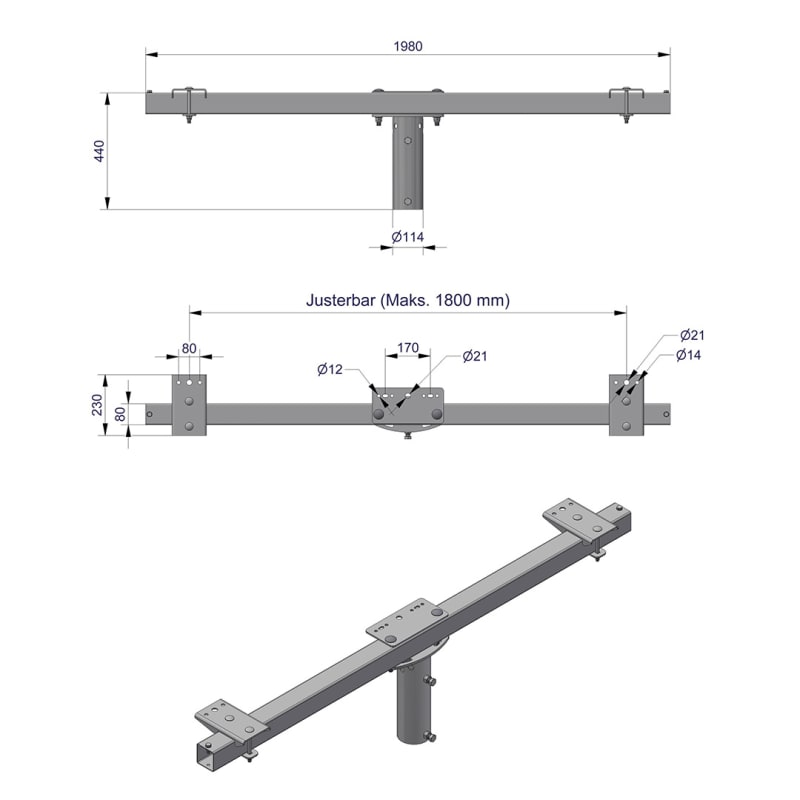 Pole-Top Cross-Arm for Ø102 mm Pole, L 2000 mm, 3 Luminaires (3450115)