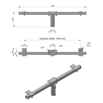 Pole-Top Cross-Arm for Ø102 mm Pole, L 2000 mm, 3 Luminaires, Type C