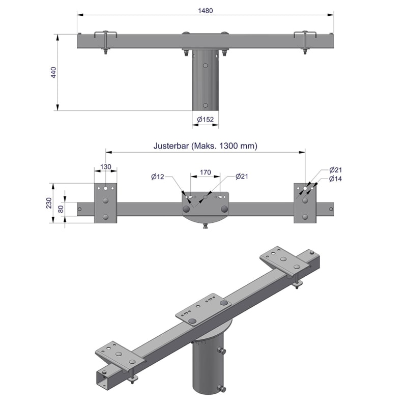 Pole-Top Cross-Arm for Ø140 mm Pole, L 1500 mm, 3 Luminaires (3450116)