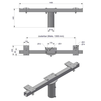 Pole-Top Cross-Arm for Ø140 mm Pole, L 1500 mm, 3 Luminaires