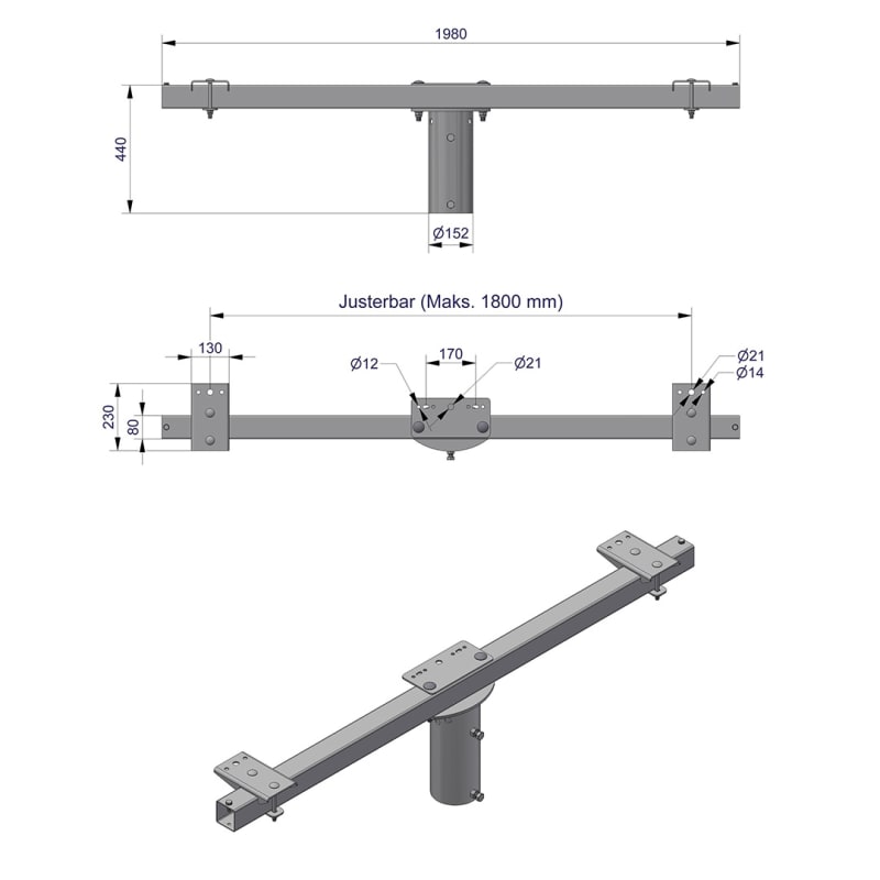 Pole-Top Cross-Arm for Ø140 mm Pole, L 2000 mm, 3 Luminaires (3450117)