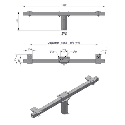 Pole-Top Cross-Arm for Ø140 mm Pole, L 2000 mm, 3 Luminaires, Type C