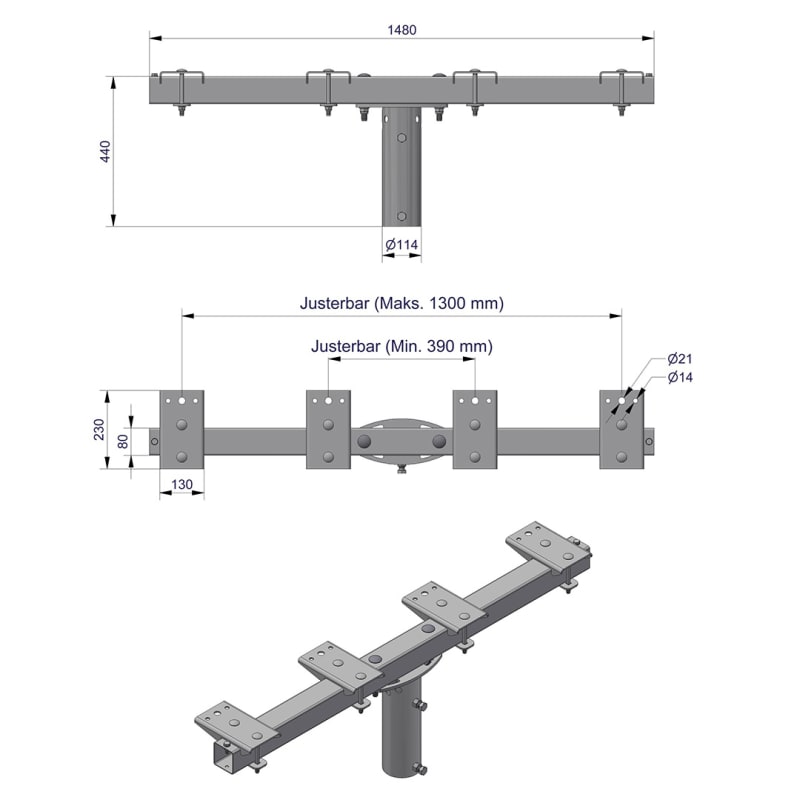 Pole-Top Cross-Arm for Ø102 mm Pole, L 1500 mm, 4 Luminaires, Type C (3450118C)