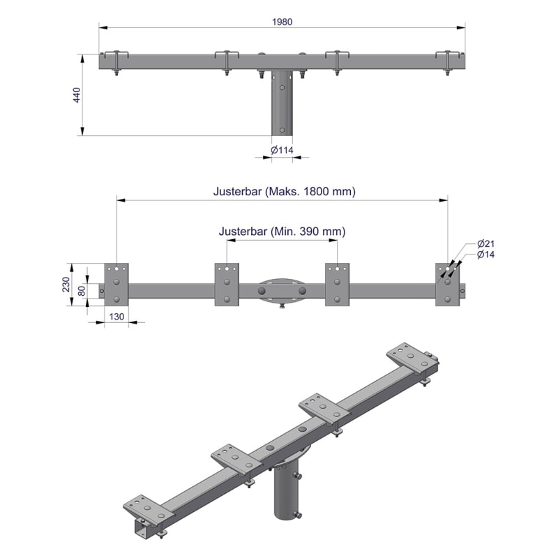 Pole-Top Cross-Arm for Ø102 mm Pole, L 2000 mm, 4 Luminaires, Type C (3450119C)