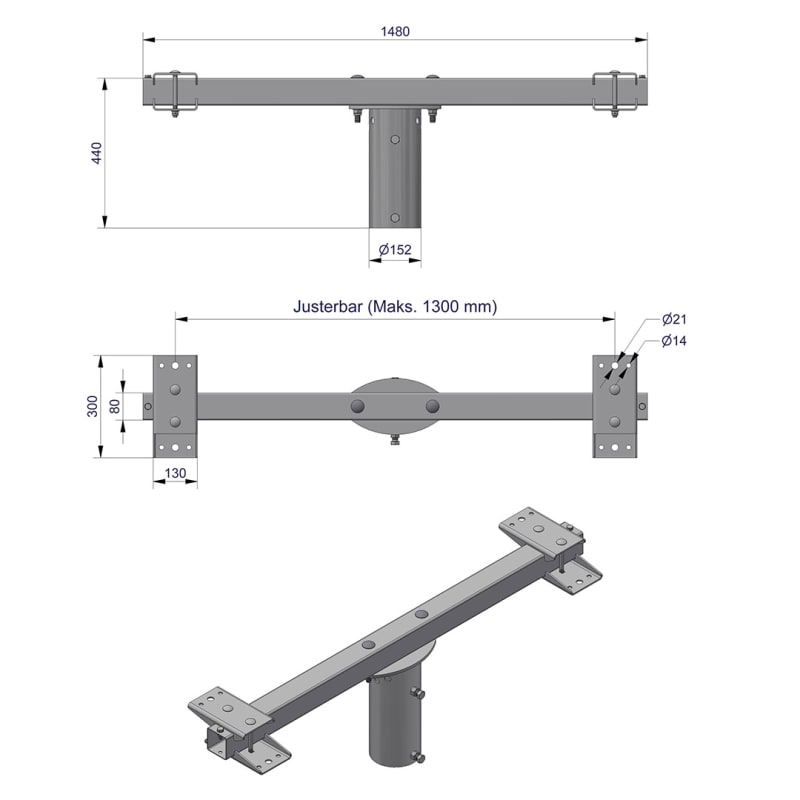 Pole-Top Cross-Arm for Ø140 mm Pole, L 1500 mm, 4 Luminaires, Type C (3450120C)