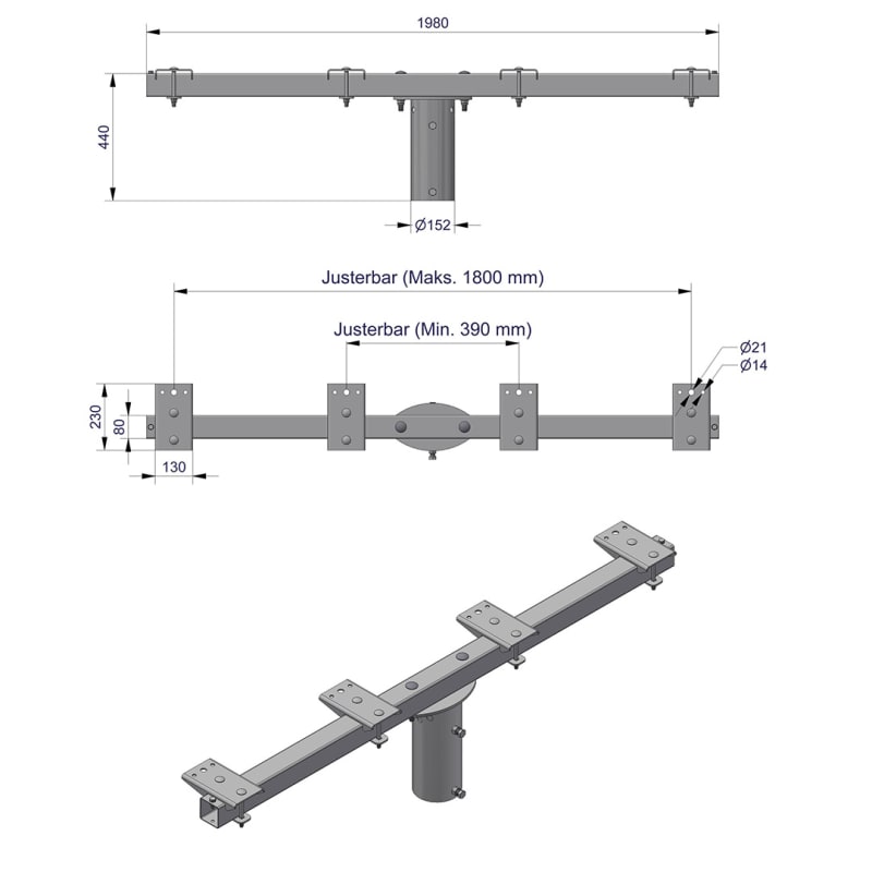 Pole-Top Cross-Arm for Ø140 mm Pole, L 2000 mm, 4 Luminaires (3450121)