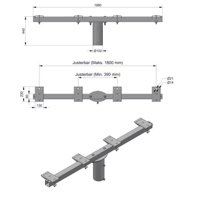 Pole-Top Cross-Arm for Ø140 mm Pole, L 2000 mm, 4 Luminaires, Type C