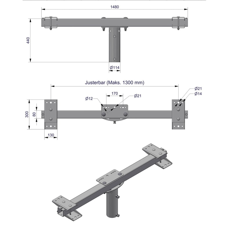 Pole-Top Cross-Arm for Ø102 mm Pole, L 1500 mm, 5 Luminaires (3450122)