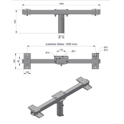 Pole-Top Cross-Arm for Ø102 mm Pole, L 1500 mm, 5 Luminaires