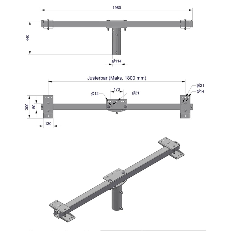Pole-Top Cross-Arm for Ø102 mm Pole, L 2000 mm, 5 Luminaires, Type C (3450123C)