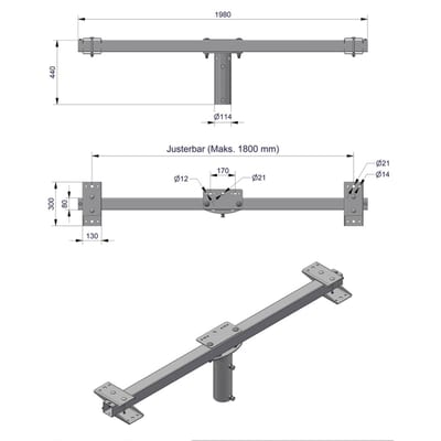 Pole-Top Cross-Arm for Ø102 mm Pole, L 2000 mm, 5 Luminaires, Type C