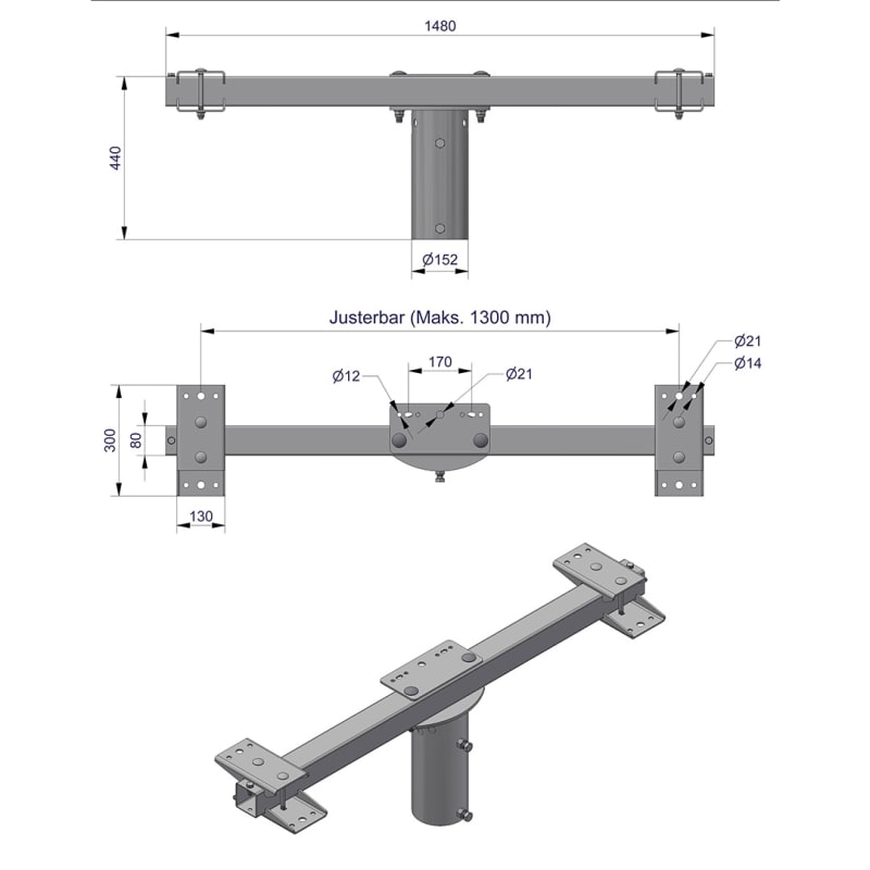 Pole-Top Cross-Arm for Ø140 mm Pole, L 1500 mm, 5 Luminaires, Type C (3450124C)