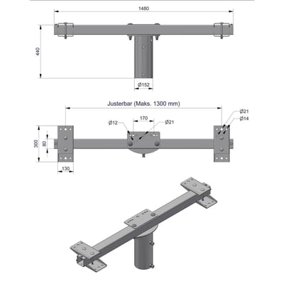Pole-Top Cross-Arm for Ø140 mm Pole, L 1500 mm, 5 Luminaires, Type C