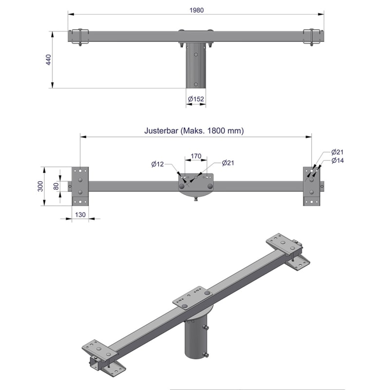 Pole-Top Cross-Arm for Ø140 mm Pole, L 2000 mm, 5 Luminaires (3450125)