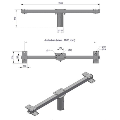 Pole-Top Cross-Arm for Ø140 mm Pole, L 2000 mm, 5 Luminaires