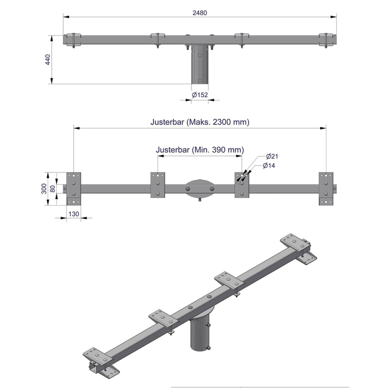 Pole-Top Cross-Arm for Ø102 mm Pole, L 2500 mm, 6 Luminaires (3450126)