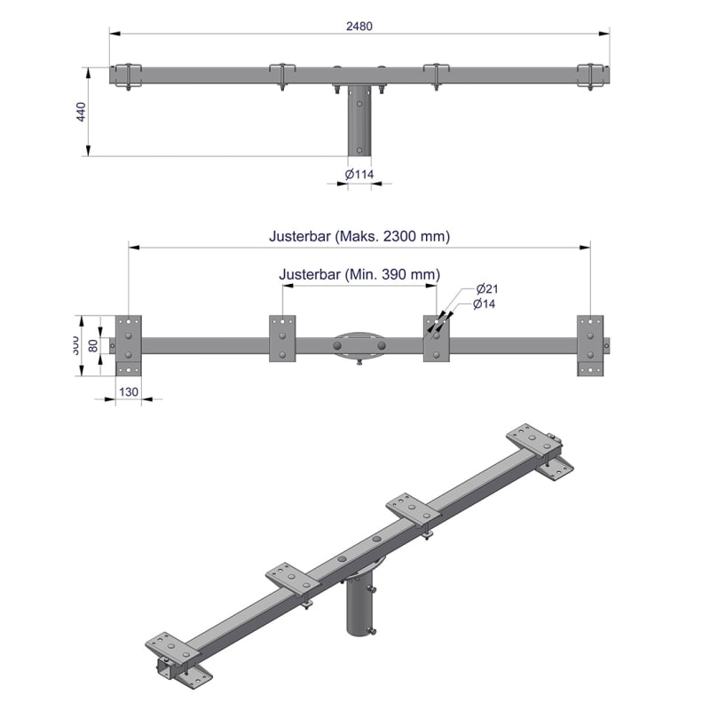 Pole-Top Cross-Arm for Ø140 mm Pole, L 2500 mm, 6 Luminaires (3450127)