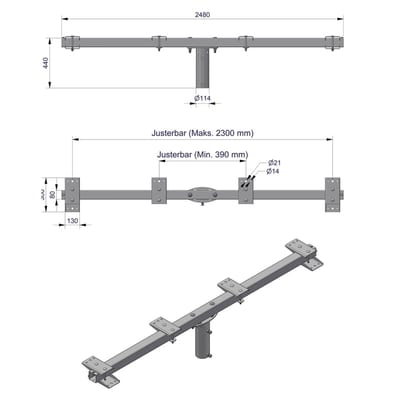 Pole-Top Cross-Arm for Ø140 mm Pole, L 2500 mm, 6 Luminaires