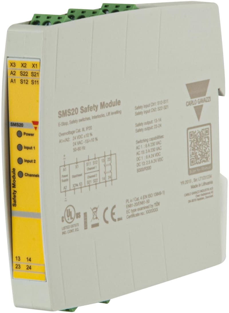 Carlo Gavazzi SMS20 Safety Relay, 2 NO Outputs, PLe/Cat.4, 24V AC/DC