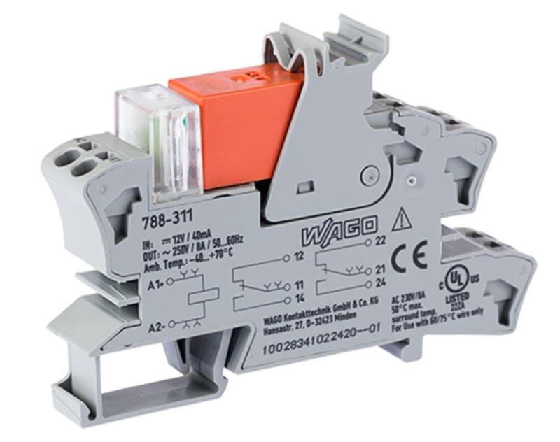 Relay module, Nominal input voltage: 12 VDC, 2 changeover contacts, Limiting continuous current: 8 A (788-311)
