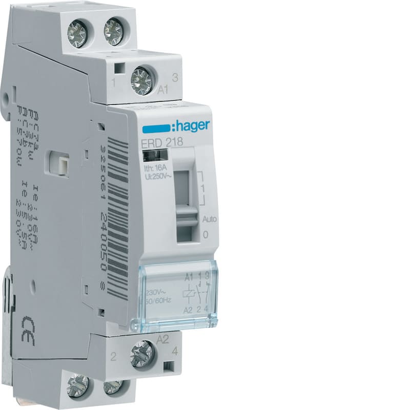 Hager ERD218 Modular Contactor 16 A 24 V, 1 NO + 1 NC with Front Switch