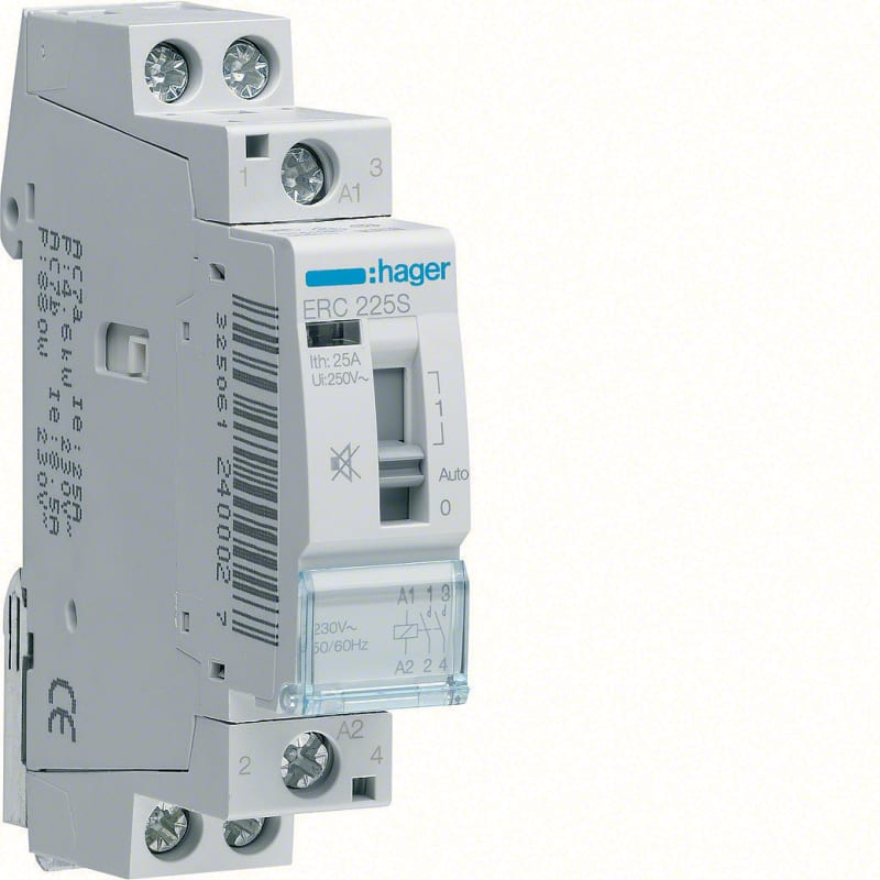 Hager Hum-Free Modular Contactor 25 A 230 V 2 NO with Manual Override (ERC225S)