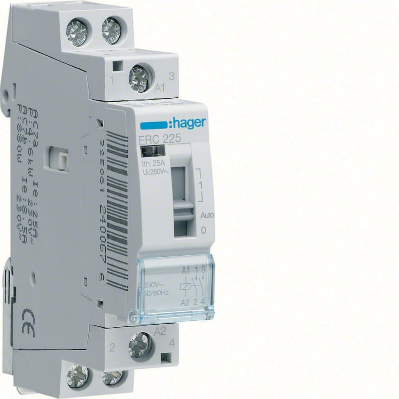Hager Systemer ERC225 Modular Contactor 25 A, 230 V, 2 NO with Front Switch