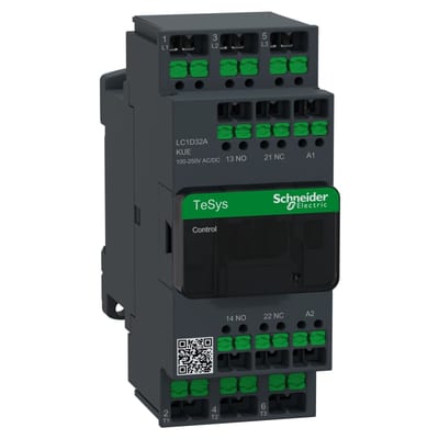 Schneider Electric Contactor, TeSys Deca Advanced, 3P(3NO), AC-3/3E, <=440V, 32A, 100...250V AC/DC coil, snap-in terminals LC1D32AKUE