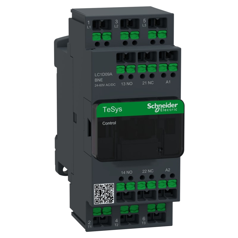 Schneider Electric Contactor, TeSys Deca Advanced, 3P(3NO), AC-3/3E, <=440V, 9A, 24...60V AC/DC coil, snap-in terminals LC1D09ABNE