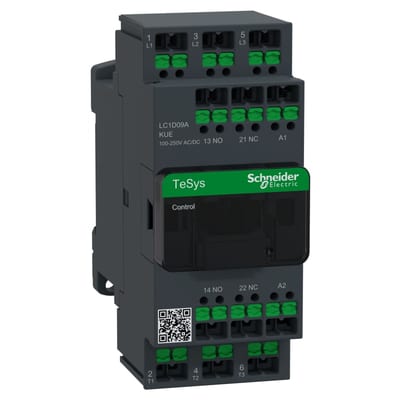 Schneider Electric Contactor, TeSys Deca Advanced, 3P(3NO), AC-3/3E, <=440V, 9A, 100...250V AC/DC coil, snap-in terminals LC1D09AKUE