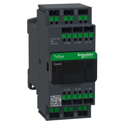 Schneider Electric Contactor, TeSys Deca, 3P(3NO), AC-3/3E, <=440V, 12A, 24V DC coil, snap-in terminals LC1D12ABD