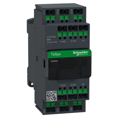 Schneider Electric Contactor, TeSys Deca Advanced, 3P(3NO), AC-3/3E, <=440V, 12A, 24...60V AC/DC coil, snap-in terminals LC1D12ABNE