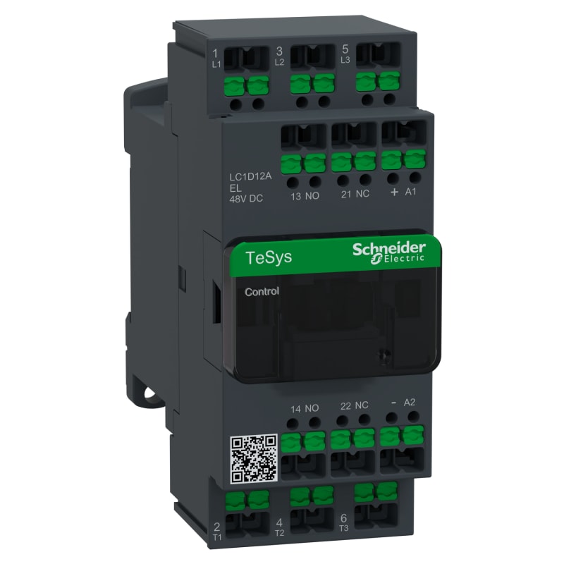 Schneider Electric Contactor, TeSys Deca, 3P(3NO), AC-3/3E, <=440V, 12A, 48V DC low consumption coil, snap-in terminals LC1D12AEL