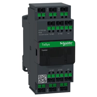 Schneider Electric Contactor, TeSys Deca Advanced, 3P(3NO), AC-3/3E, <=440V, 12A, 100...250V AC/DC coil, snap-in terminals LC1D12AKUE