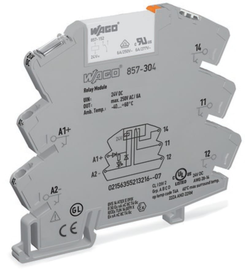 Relay module, Nominal input voltage: 24 V AC/DC, 1 changeover contact, Module width: 6 mm (857-354)