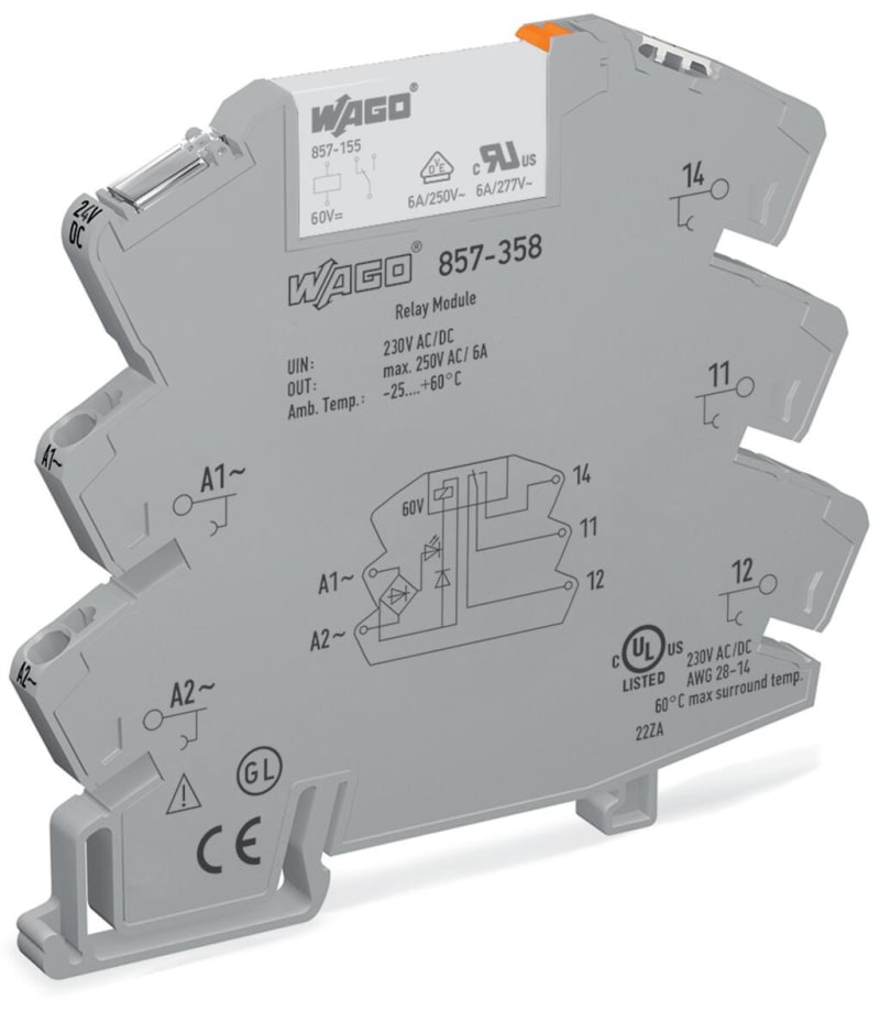 Relay module, Nominal input voltage: 230 V AC/DC, 1 changeover contact, Module width: 6 mm (857-358)