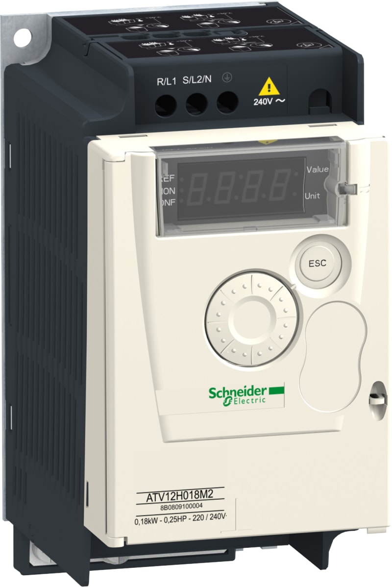 Schneider Electric variable speed drive, Altivar 12, 1.5kW, 2hp, 200 to 240V, 3 phases, with heat sink ATV12HU15M3